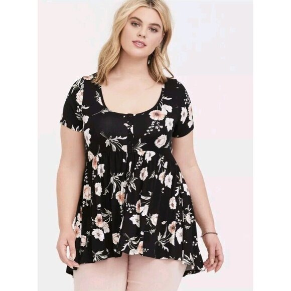 Torrid Black Floral Babydoll Super Soft Ruffle Short Sleeve Tunic 5XL Flowy - Picture 1 of 7